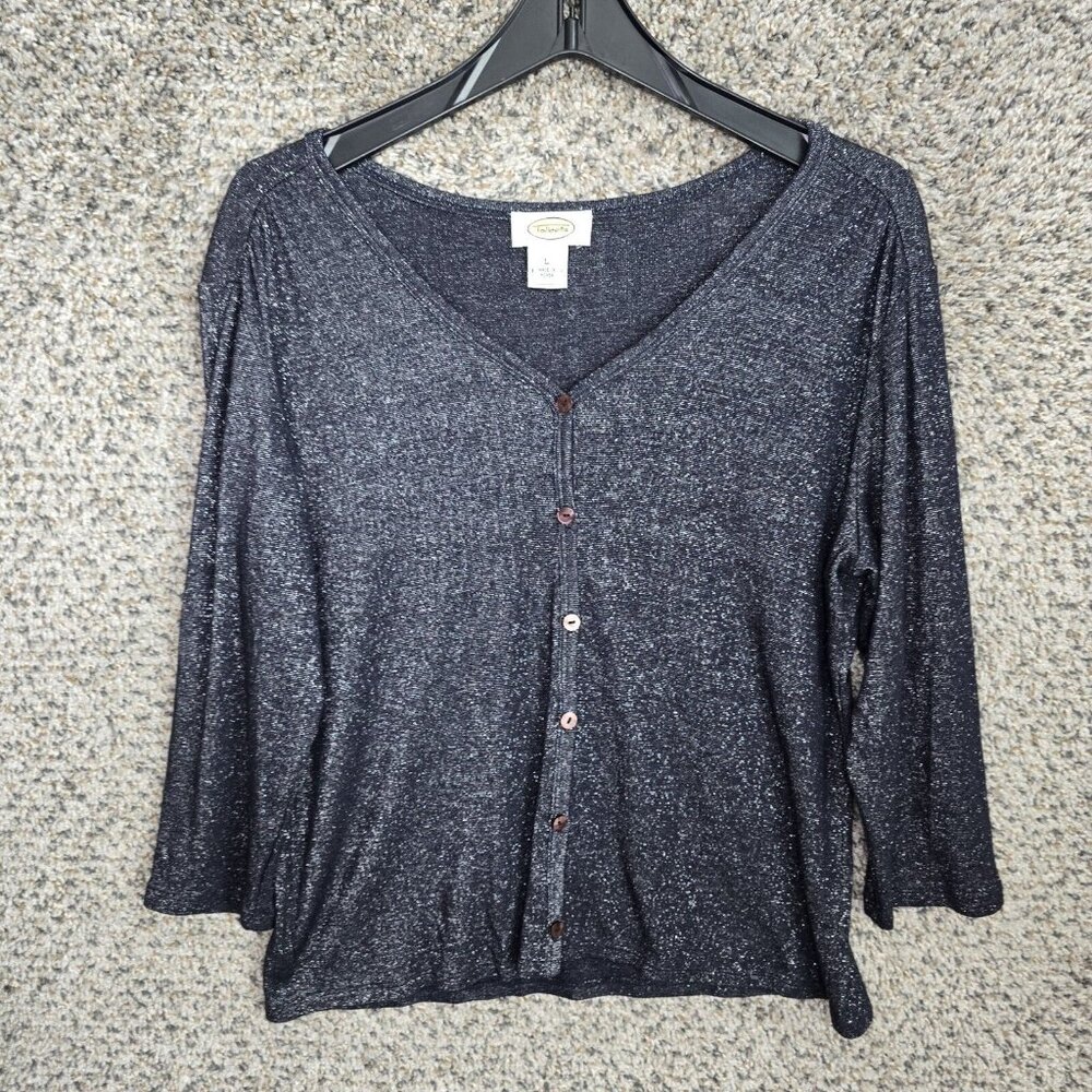 Talbots Cardigan Womens Large Gray Metallic Button V Neck Lightweight Ladies